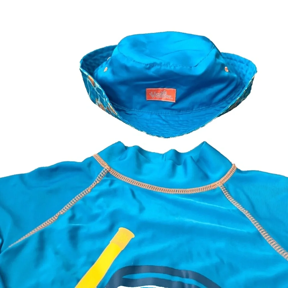 UV Skinz Boys Matching Snorkle Rash Guard Top, Fish Swim Trunks & Hat Size 7